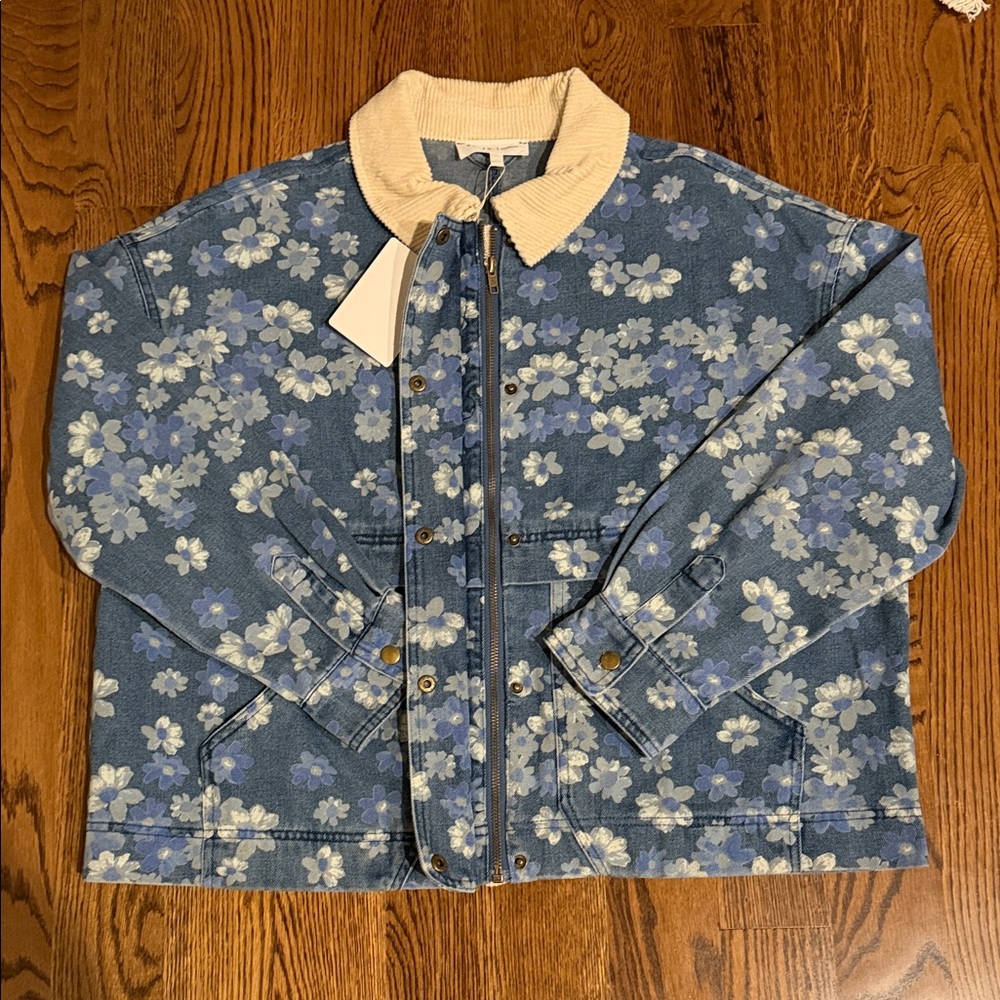 Entro Blue Floral Jean Jacket with Cream Collar medium - Picture 10 of 13